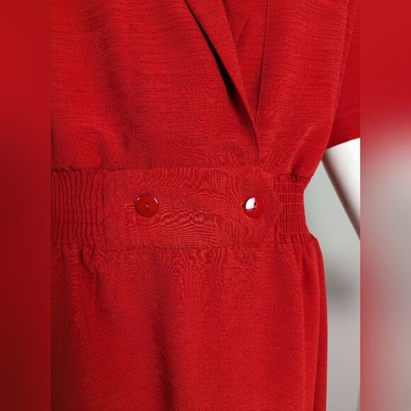Vintage RedâFaux Wrap Midi Dress Womenâs XL Cinched Waist Shoulder Pads - Picture 3 of 10